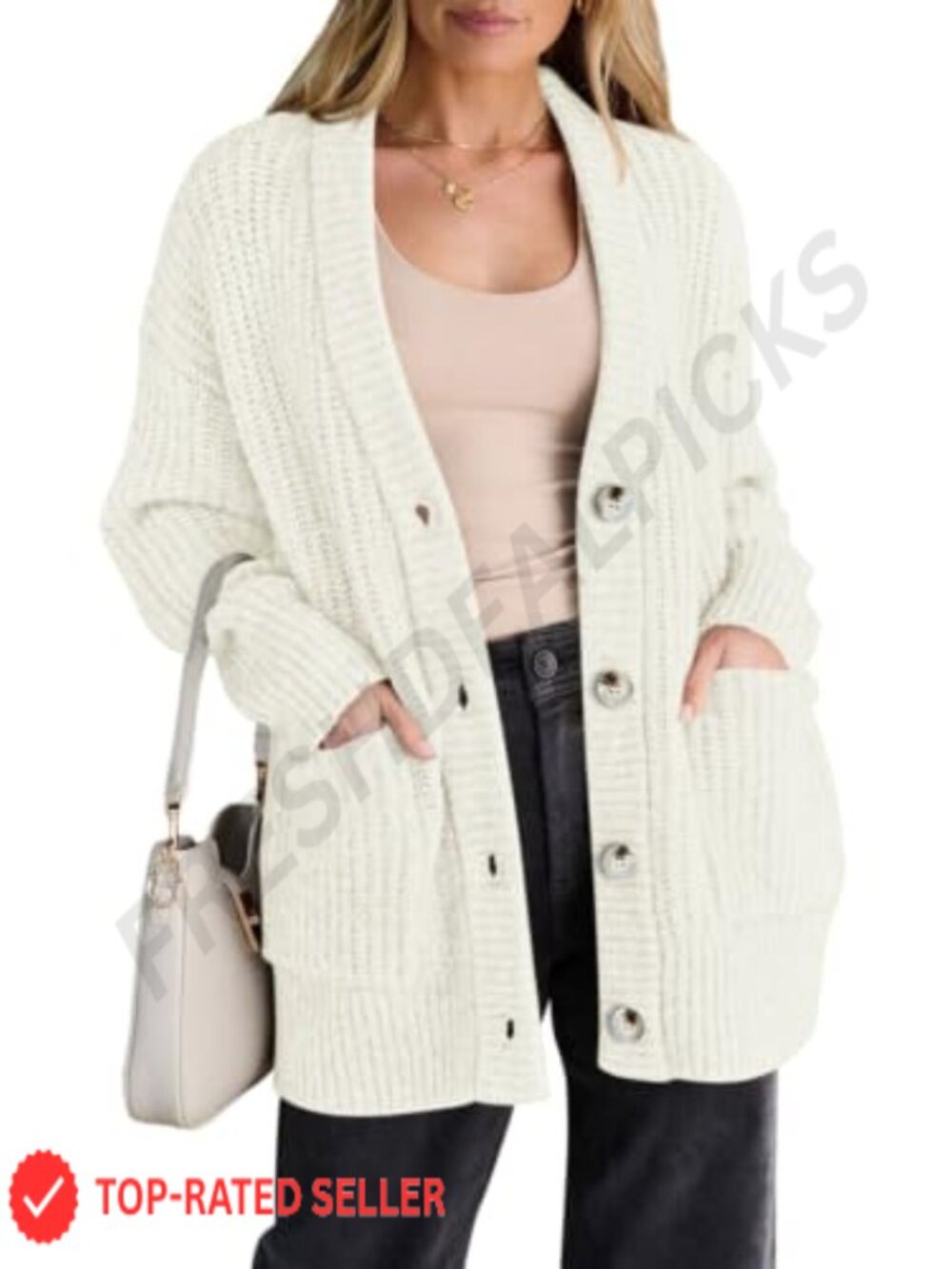 Oversized Button Up Cardigan Sweater with Pockets & Chunky Knit